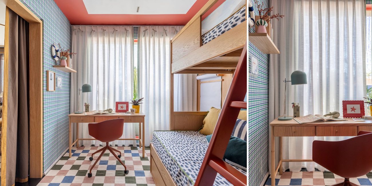 Quarto infantil compartilhado ganha tema de fundo do mar: veja como Duda Senna usou beliche de madeira e cor