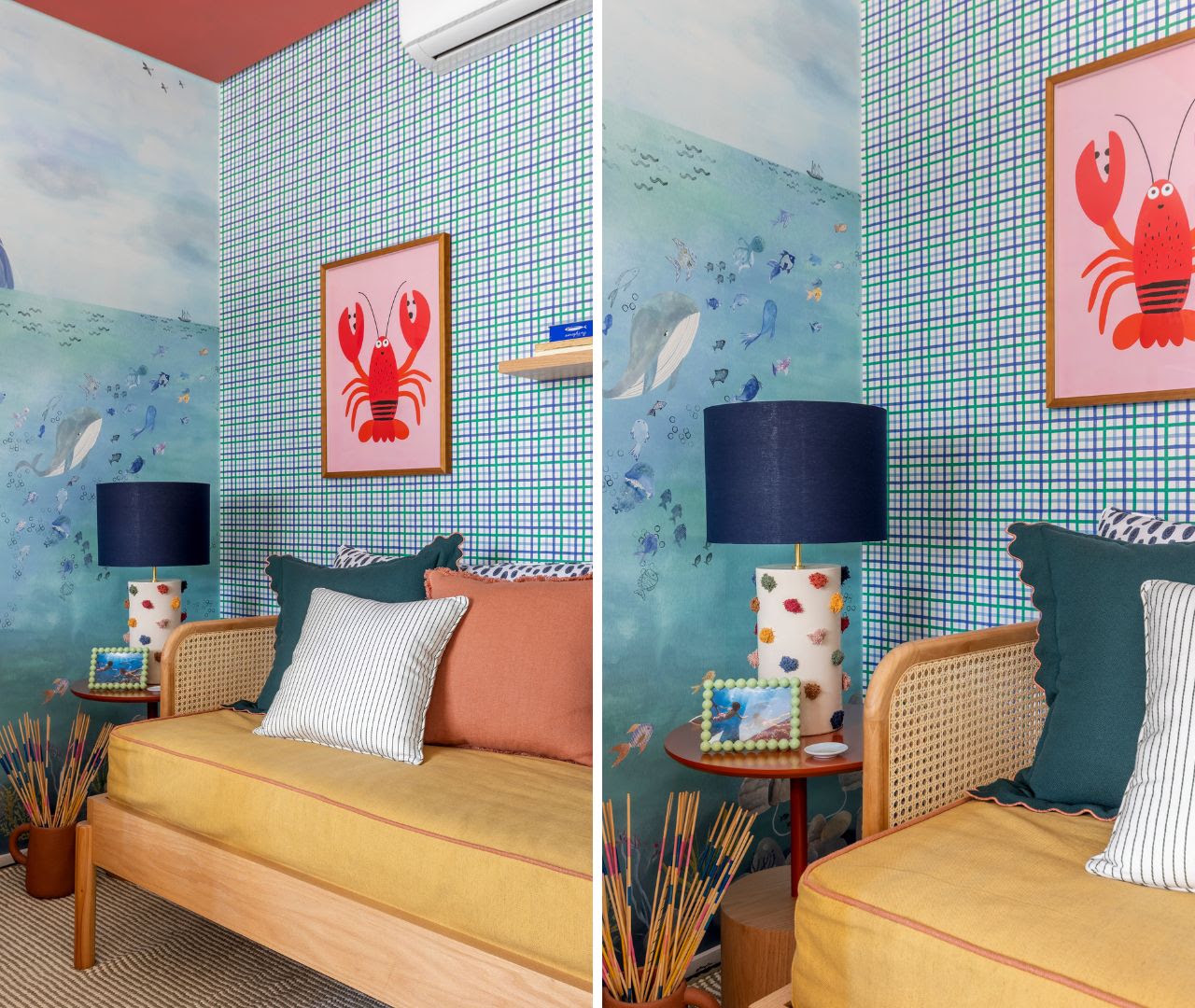 Quarto infantil compartilhado ganha tema de fundo do mar: veja como Duda Senna usou beliche de madeira e cor