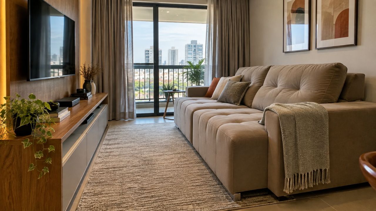 Decoração de sala de estar: o tamanho errado do rack e do sofá compromete a elegância do ambiente, alerta arquiteta