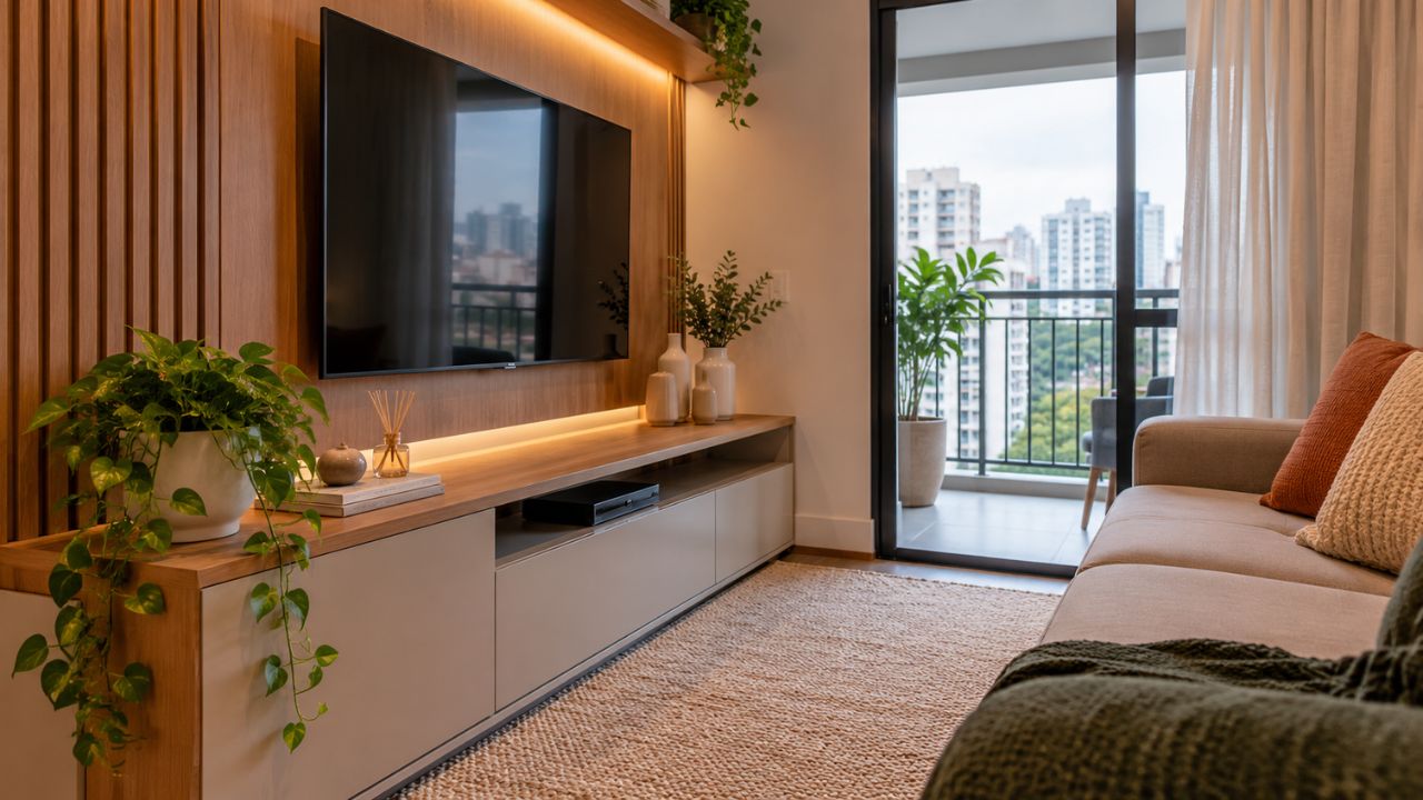 Decorar um rack exige mais estratégia do que parece: veja os detalhes que evitam uma sala visualmente carregada