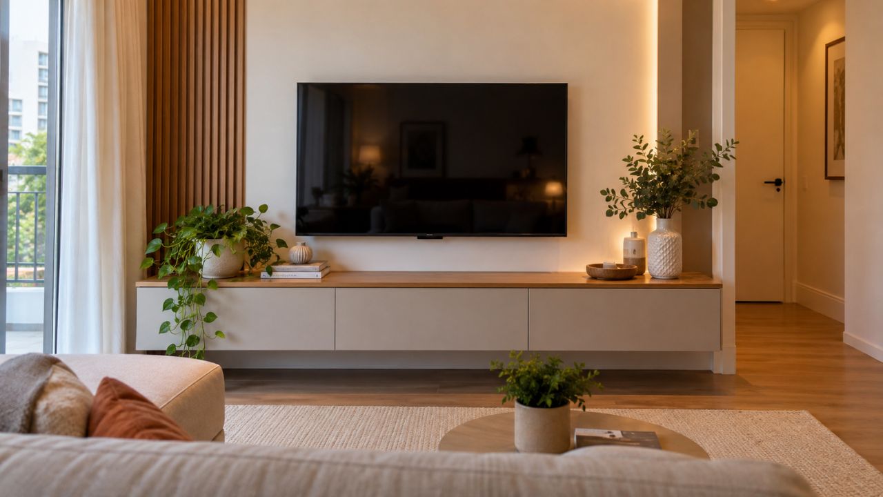 Decorar um rack exige mais estratégia do que parece: veja os detalhes que evitam uma sala visualmente carregada