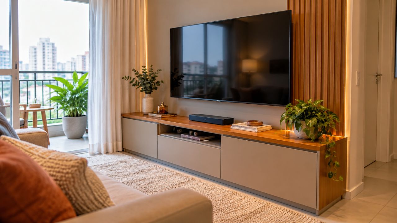 Decorar um rack exige mais estratégia do que parece: veja os detalhes que evitam uma sala visualmente carregada