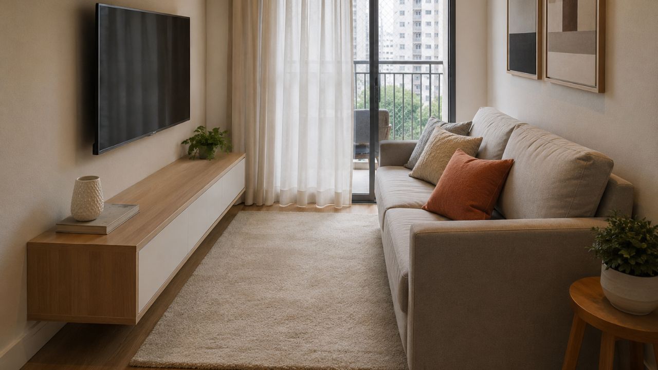 Sala pequena ganha sensação de amplitude com mudanças simples na escolha dos móveis e do tapete