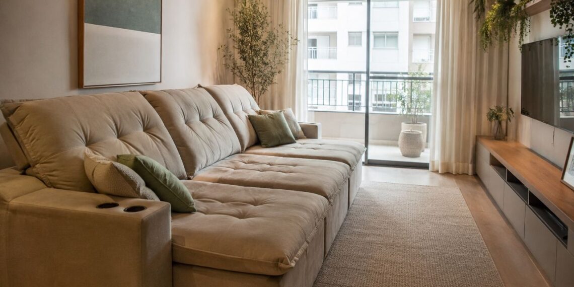 Sofá retrátil grande na sala de estar: veja como equilibrar a decoração sem deixar o móvel dominar o ambiente