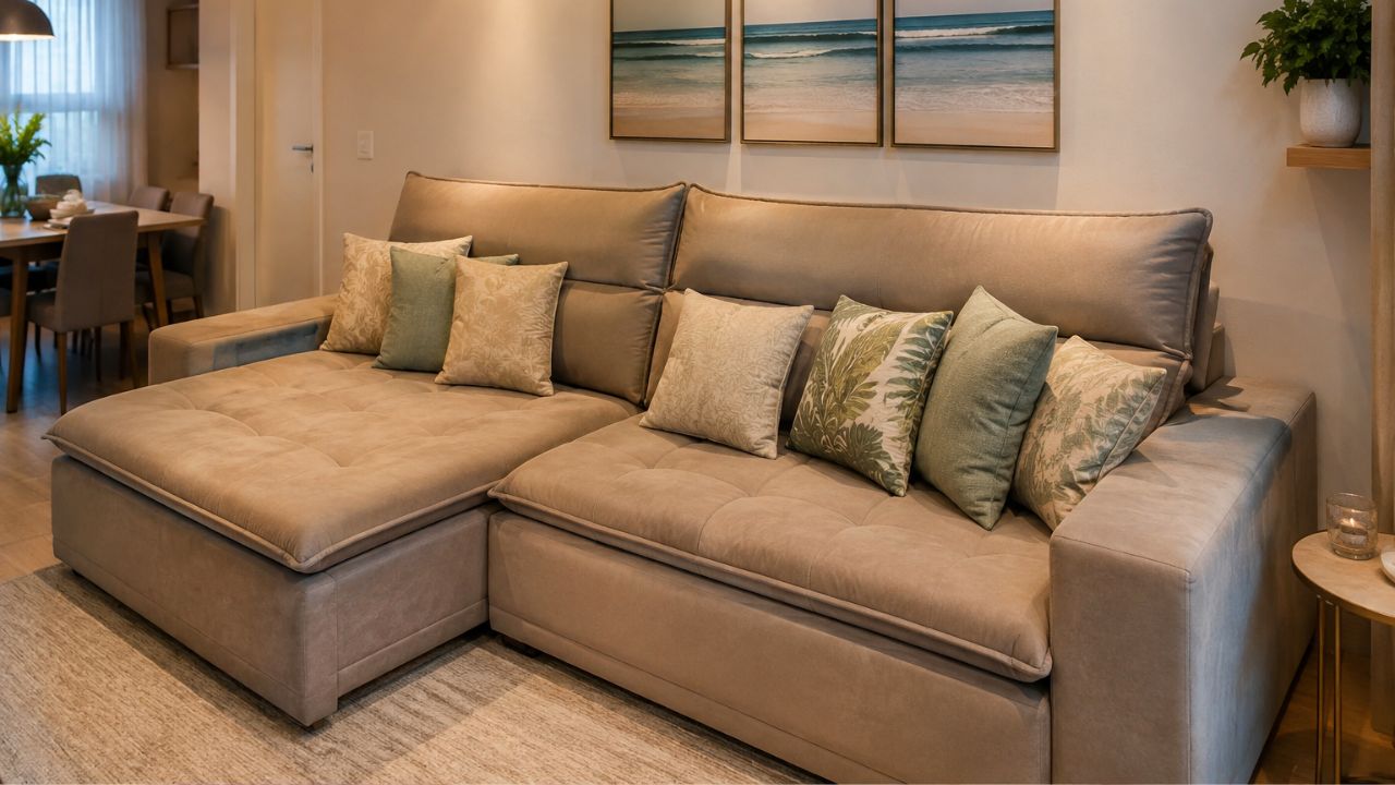 Sofá retrátil grande na sala de estar: veja como equilibrar a decoração sem deixar o móvel dominar o ambiente