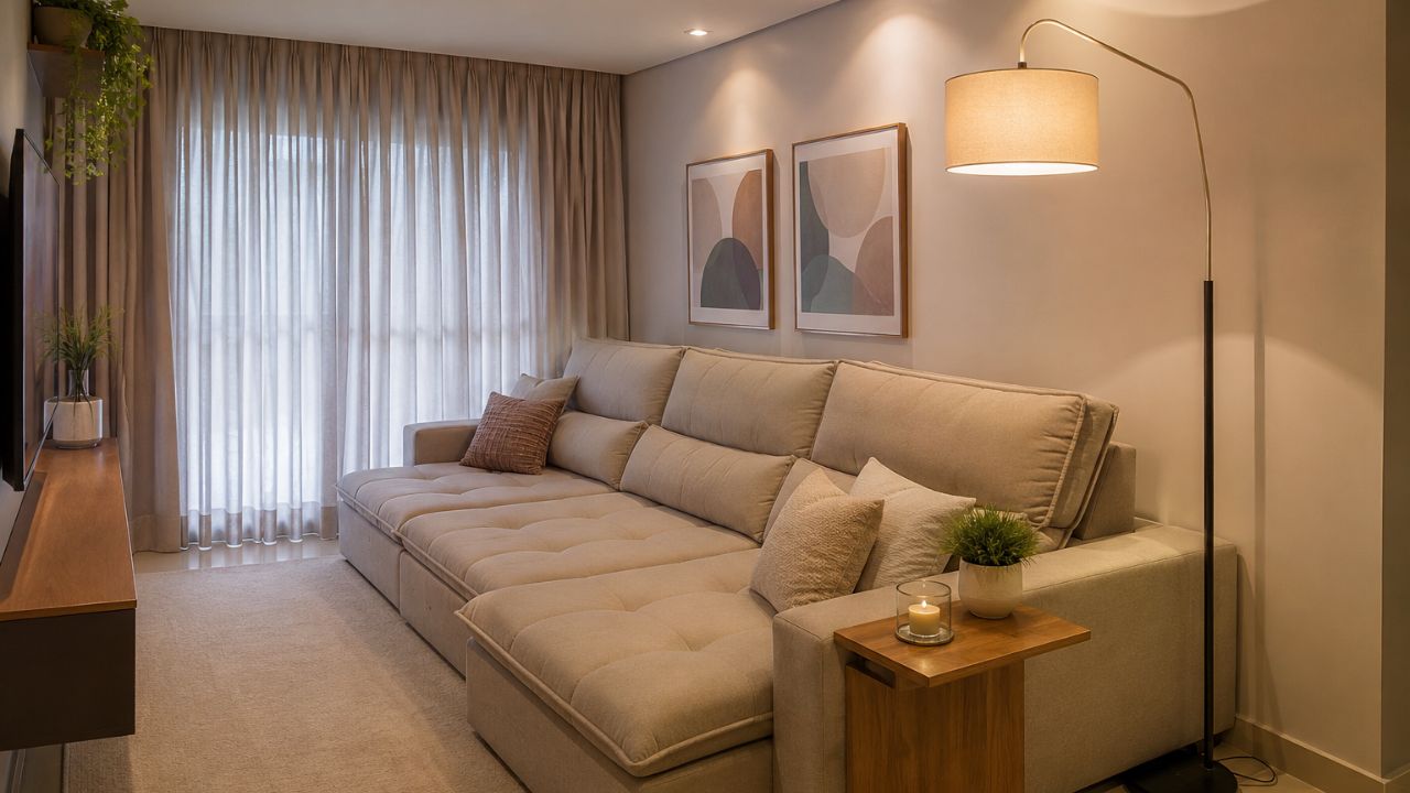Sofá retrátil grande na sala de estar: veja como equilibrar a decoração sem deixar o móvel dominar o ambiente