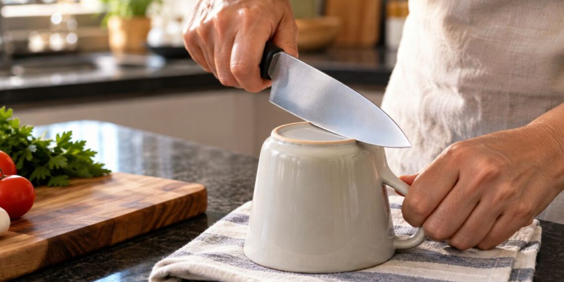 Você sabia que dá para afiar faca de cozinha sem afiador? Veja o truque com caneca de cerâmica e o passo
