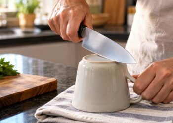 Você sabia que dá para afiar faca de cozinha sem afiador? Veja o truque com caneca de cerâmica e o passo