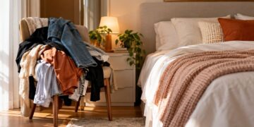 cama bagunçada e quarto bagunçado com roupas