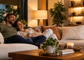 Casal em sala de estar aconchegante