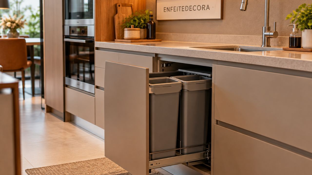 Cozinha planejada com lixeira embutida
Cozinha com moveis planejados com lixeira embutida