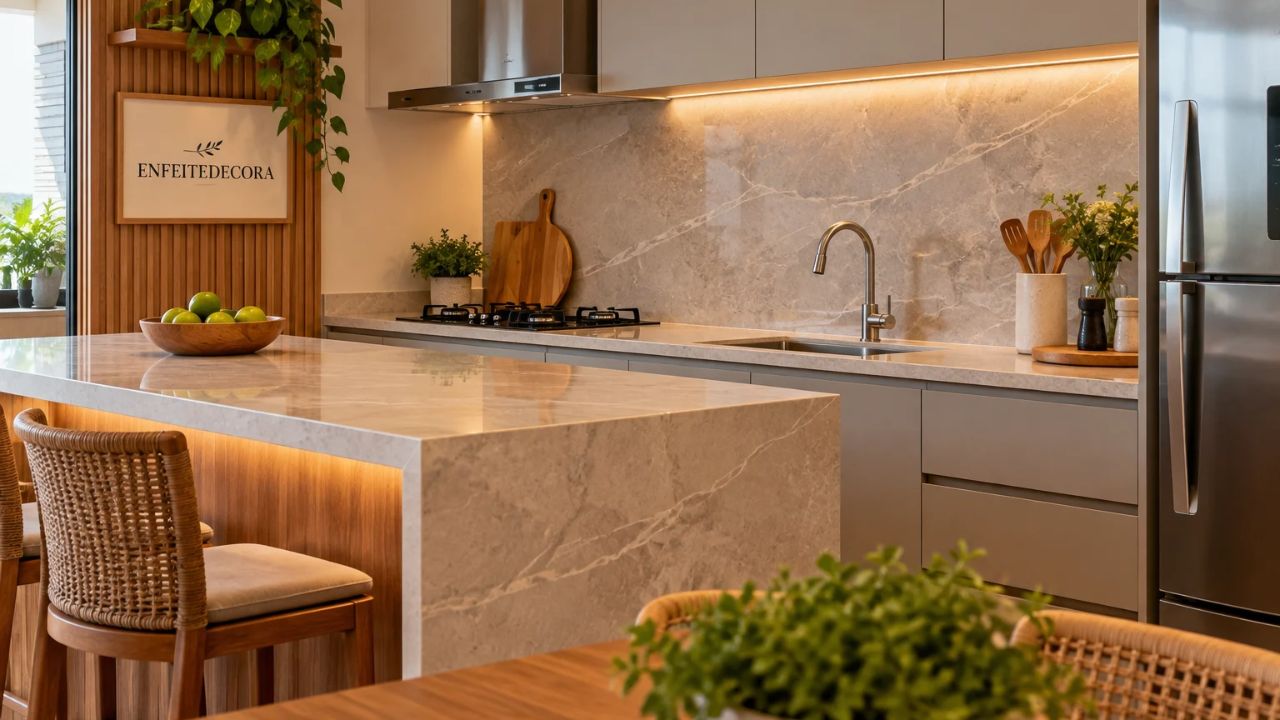 Cozinha planejada com painel de madeira e revestimento de ceramica
cozinha com bancada de pera natural