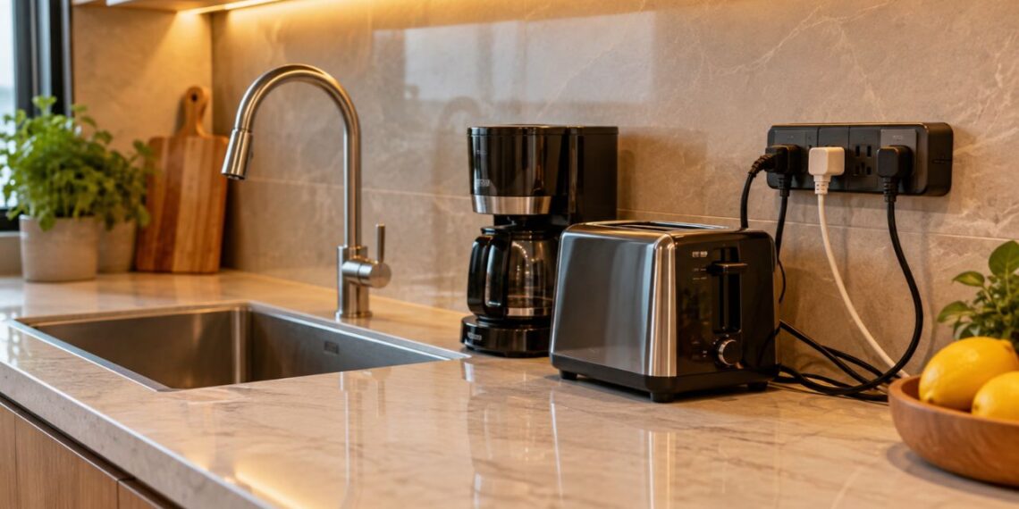 Extensor de tomada vira alternativa para bancada de cozinha gourmet com poucos pontos elétricos, mas instalação perto da pia exige atenção redobrada