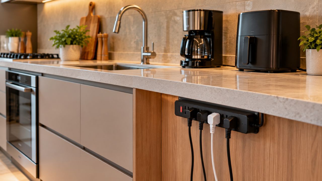 Extensor de tomada vira alternativa para bancada de cozinha gourmet com poucos pontos elétricos, mas instalação perto da pia exige atenção redobrada