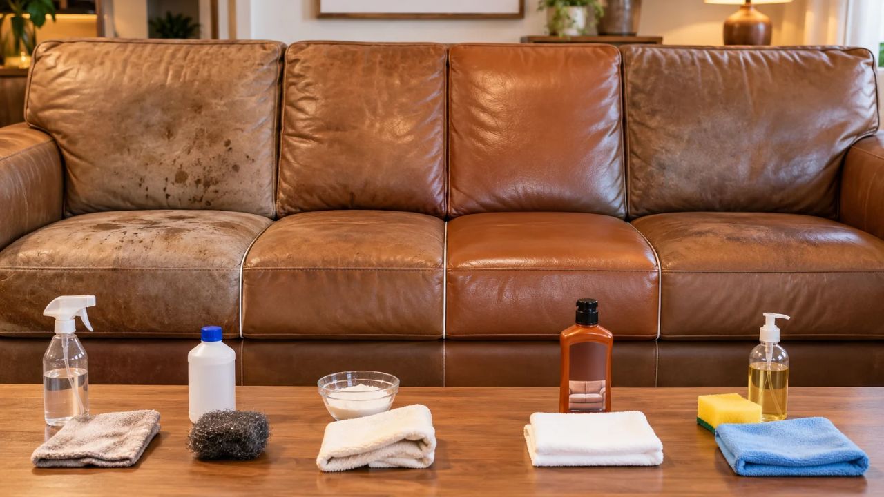 Teste da limpeza do sofa de couro: produtos específicos para limpeza