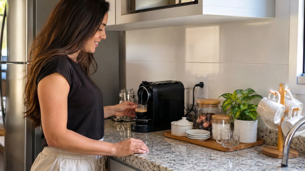 Moradora cria cantinho do café na cozinha e descobre o ponto exato para colocar a máquina de café