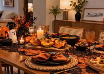 O erro mais comum na decoração de Halloween não é a falta de enfeite, é o excesso de cor na mesma mesa