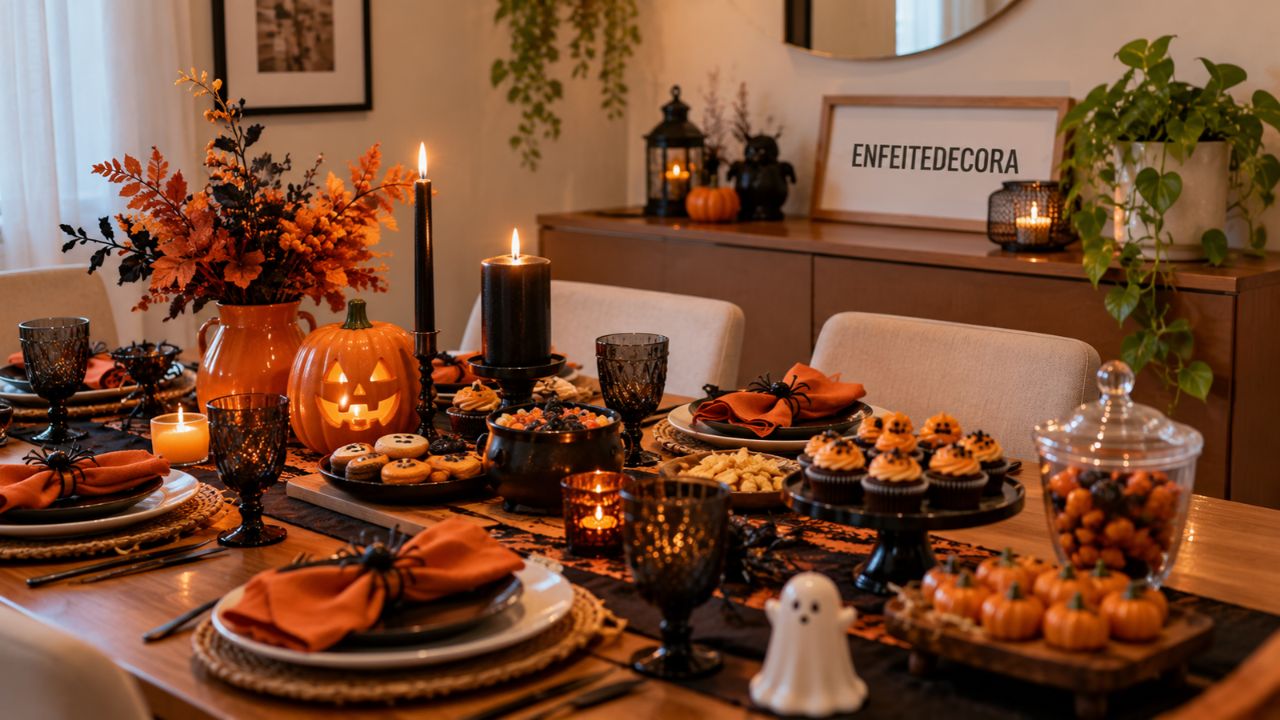 O erro mais comum na decoração de Halloween não é a falta de enfeite, é o excesso de cor na mesma mesa