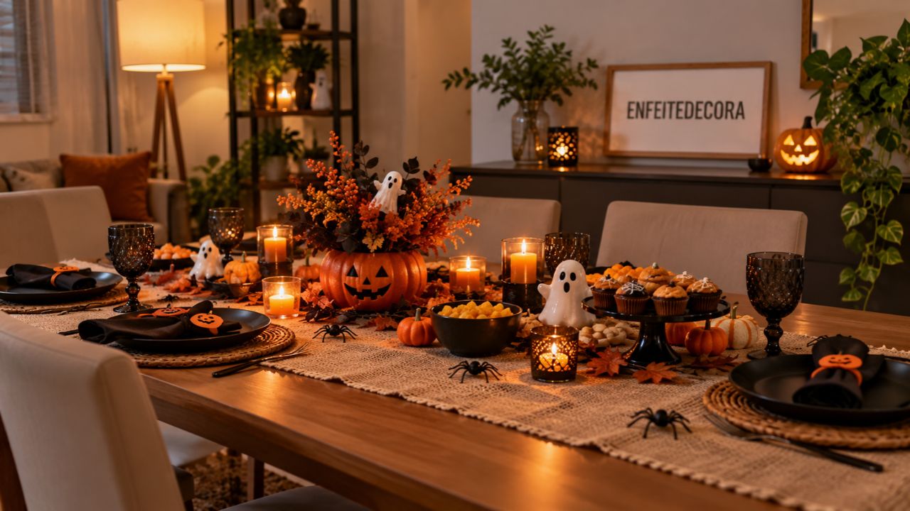 O erro mais comum na decoração de Halloween não é a falta de enfeite, é o excesso de cor na mesma mesa
