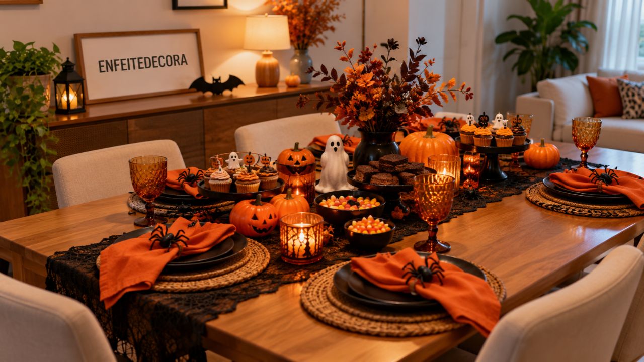 O erro mais comum na decoração de Halloween não é a falta de enfeite, é o excesso de cor na mesma mesa