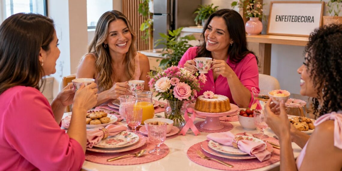 Mesa posta para Outubro Rosa: veja como montar um café entre amigas com jogo americano, louças florais e detalhes rosa