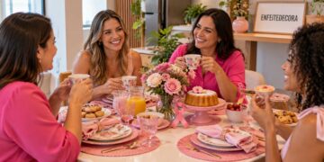 Mesa posta para Outubro Rosa: veja como montar um café entre amigas com jogo americano, louças florais e detalhes rosa
