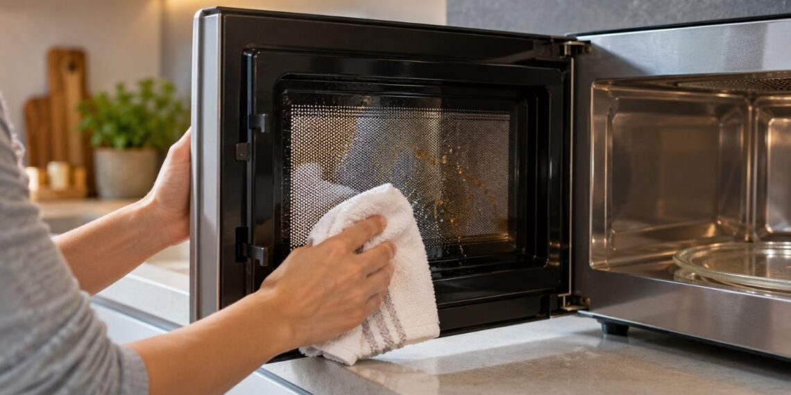 Adeus à porta do micro-ondas suja: vinagre e bicarbonato tiram as manchas sem produtos caros