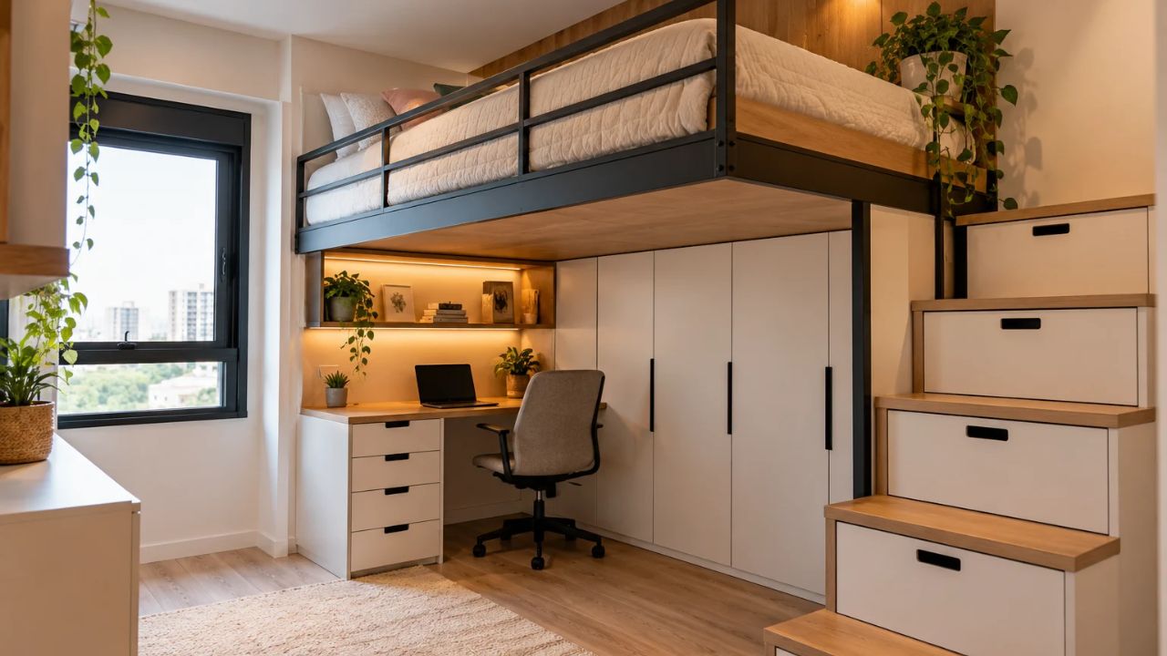 cama suspensa em quarto com home office