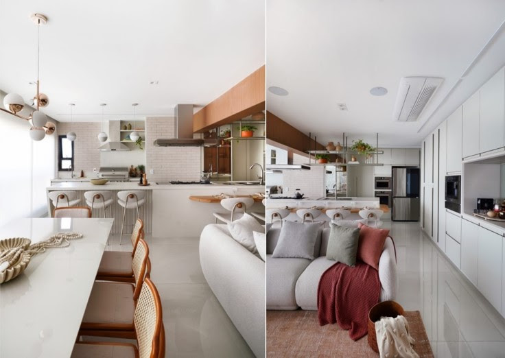 Integração de ambientes vira ponto alto de reforma em apartamento de 165 m²; veja como madeira e off white comandam a área social