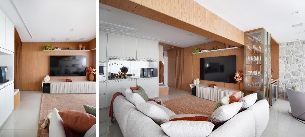 Integração de ambientes vira ponto alto de reforma em apartamento de 165 m²; veja como madeira e off white comandam a área social