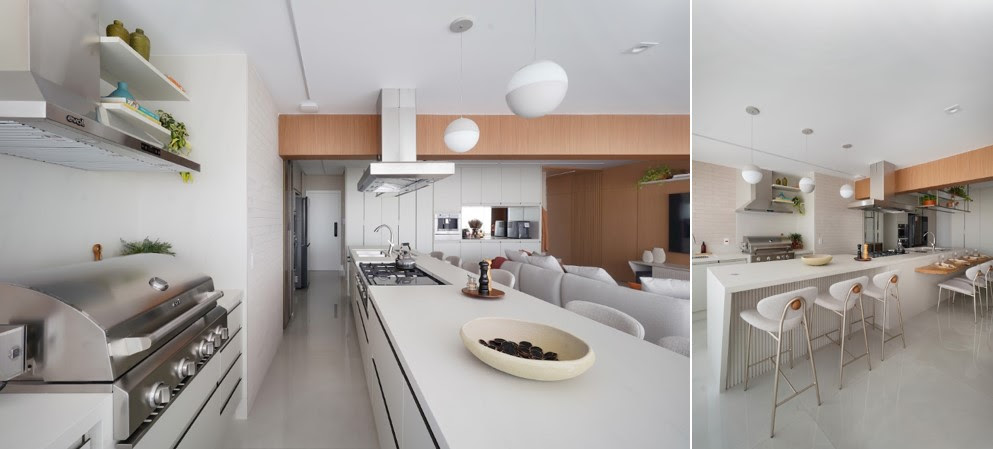 Integração de ambientes vira ponto alto de reforma em apartamento de 165 m²; veja como madeira e off white comandam a área social
