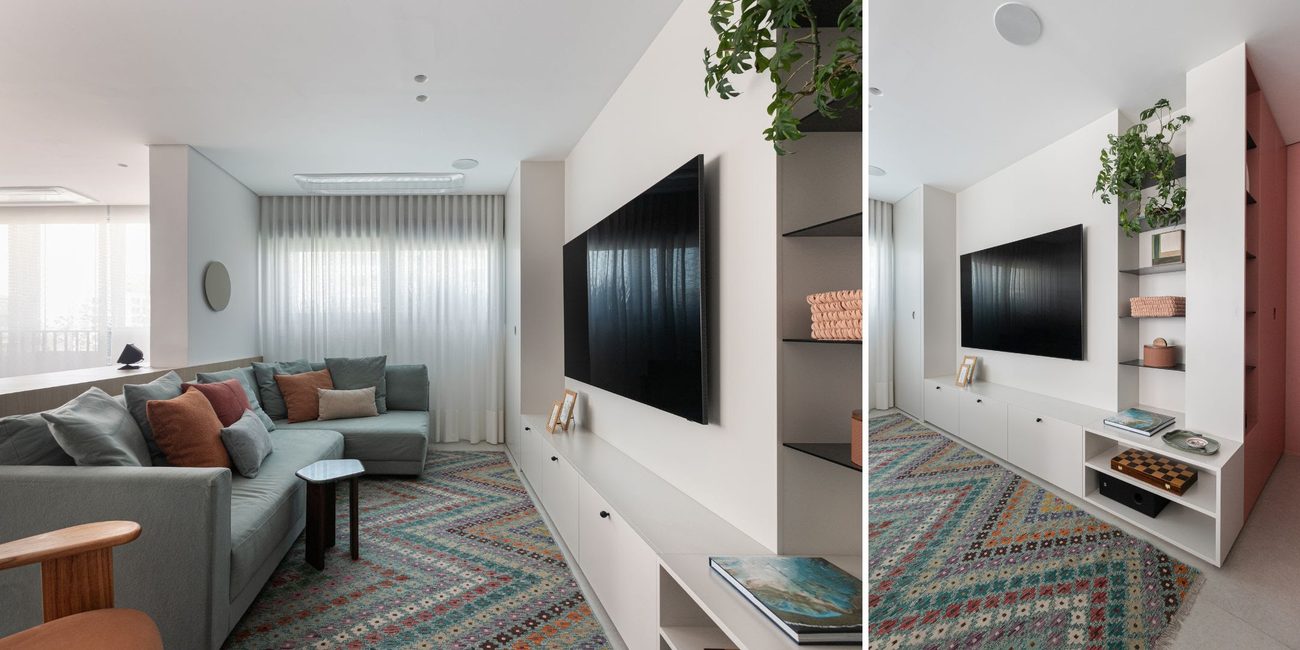 Duda Senna integra sala, cozinha e área gourmet em apartamento de 97 m² em Pinheiros e faz da marcenaria multifuncional o centro do projeto.