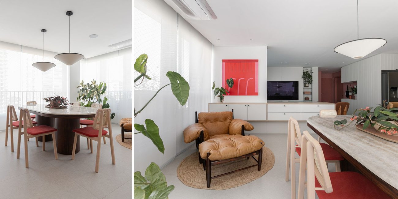 Duda Senna integra sala, cozinha e área gourmet em apartamento de 97 m² em Pinheiros e faz da marcenaria multifuncional o centro do projeto.