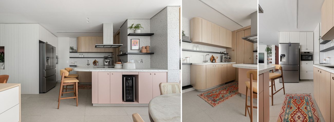 Duda Senna integra sala, cozinha e área gourmet em apartamento de 97 m² em Pinheiros e faz da marcenaria multifuncional o centro do projeto.