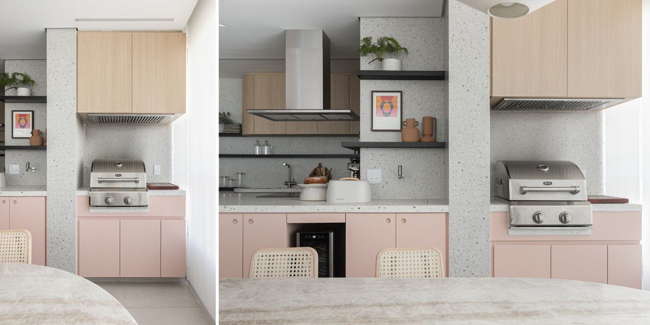 Duda Senna integra sala, cozinha e área gourmet em apartamento de 97 m² em Pinheiros e faz da marcenaria multifuncional o centro do projeto.