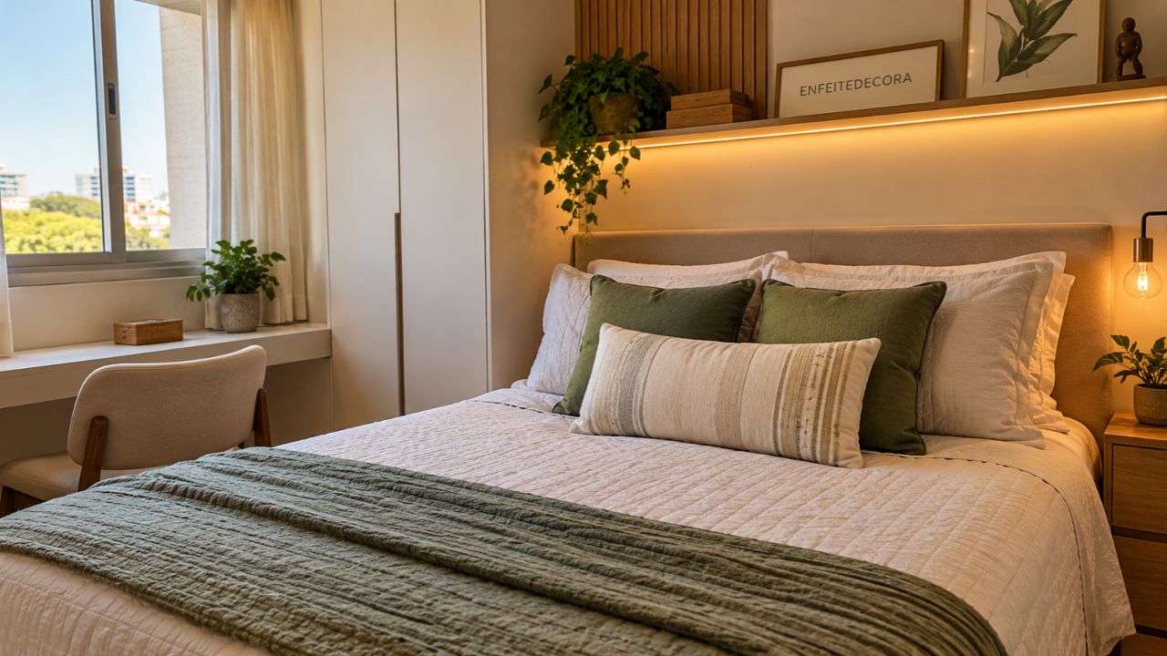 Uma almofada rinzeira muda a leitura de uma cama posta e mostra como o tamanho padrão organiza o visual do quarto