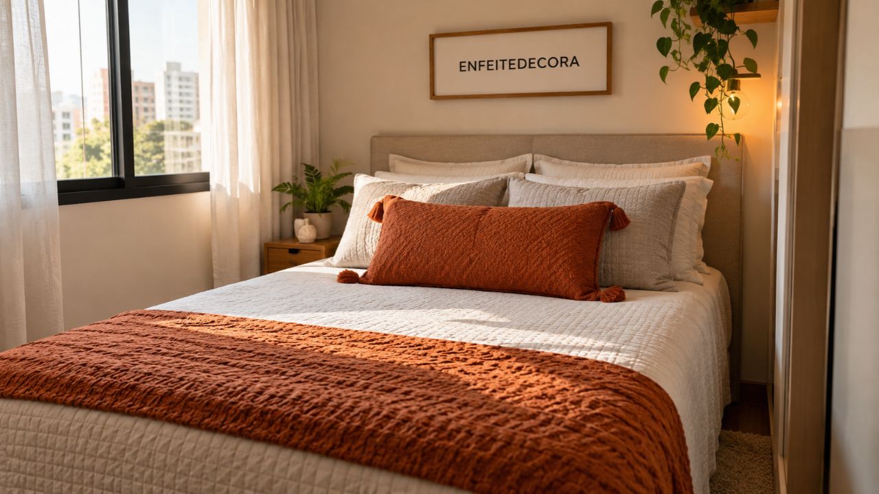 Uma almofada rinzeira muda a leitura de uma cama posta e mostra como o tamanho padrão organiza o visual do quarto