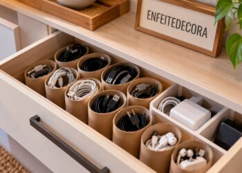 Antes de jogar o rolo de papel toalha no lixo, veja esse truque: ele vira divisória para cabos e fios elétricos na gaveta