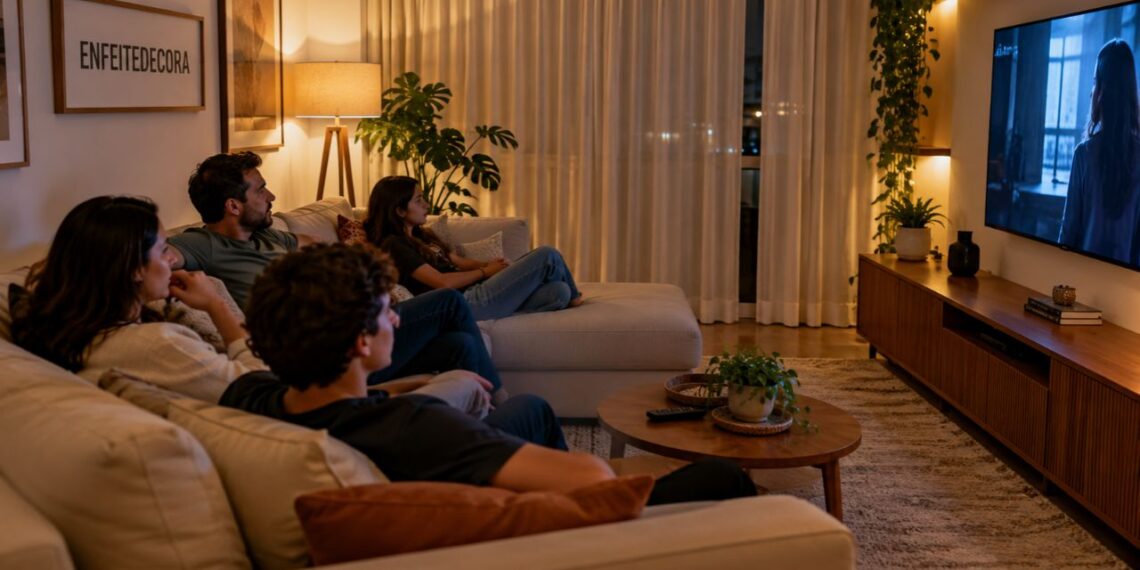 A configuração da sala de estar tem um erro comum de layout que empurra todo mundo para a televisão sem querer