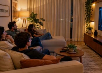 A configuração da sala de estar tem um erro comum de layout que empurra todo mundo para a televisão sem querer