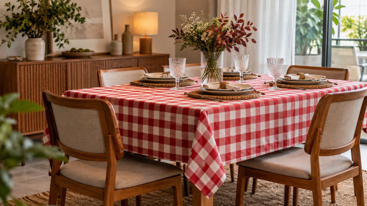 Toalha de mesa quadriculada ganha espaço na decoração e revela truque para ampliar visualmente a sala de jantar