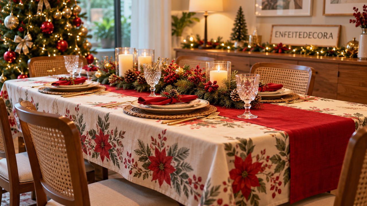 Toalha de natal vira dúvida de última hora na decoração da mesa: veja como acertar no tamanho e no tecido certo