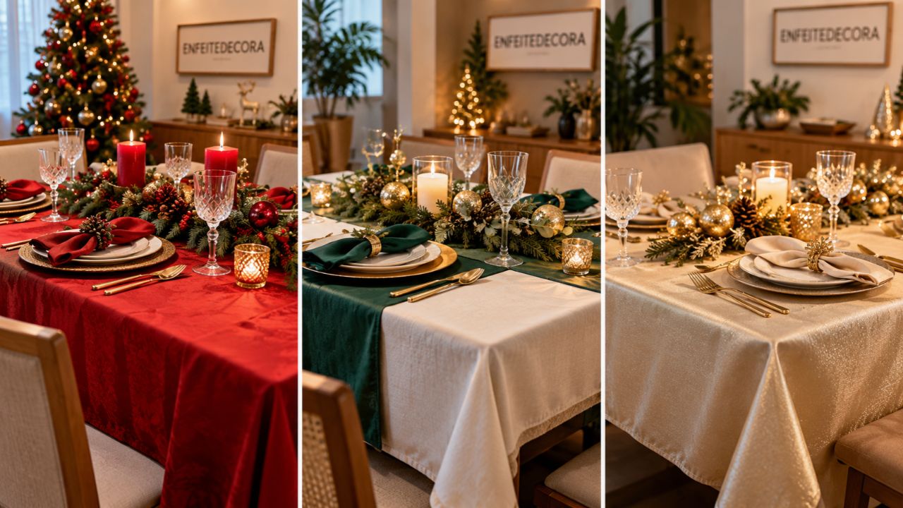 Toalha de natal vira dúvida de última hora na decoração da mesa: veja como acertar no tamanho e no tecido certo