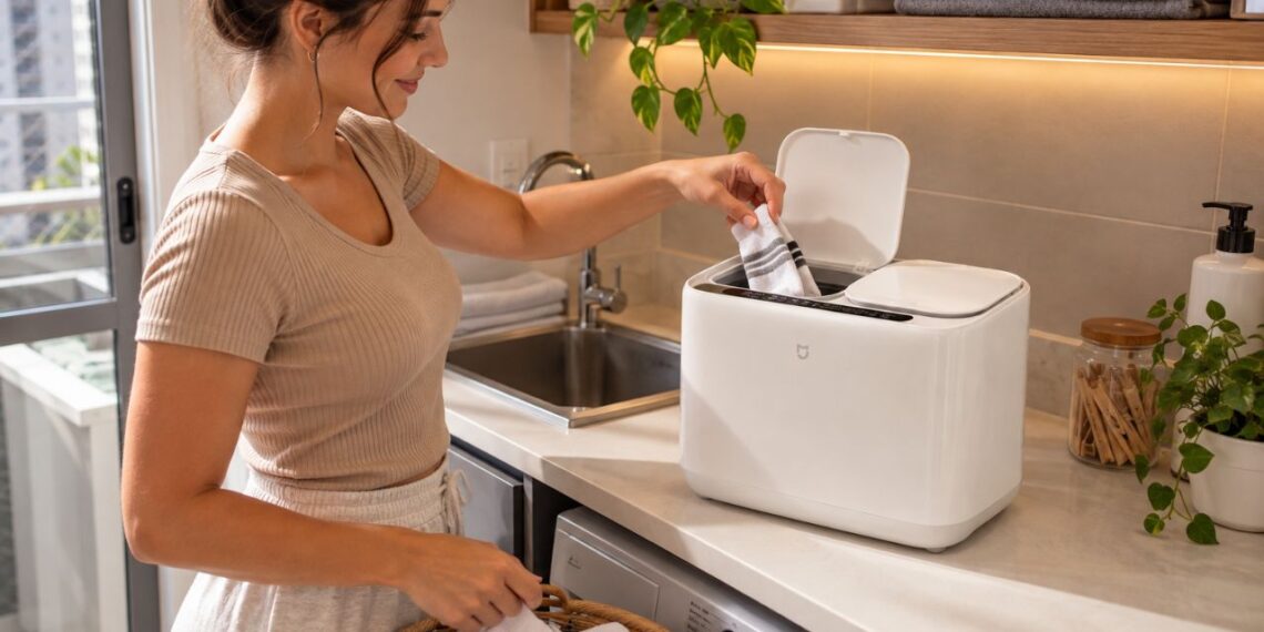 Mini máquina de lavar da Xiaomi cabe na bancada do banheiro e tem dois cestos para separar roupas brancas e coloridas